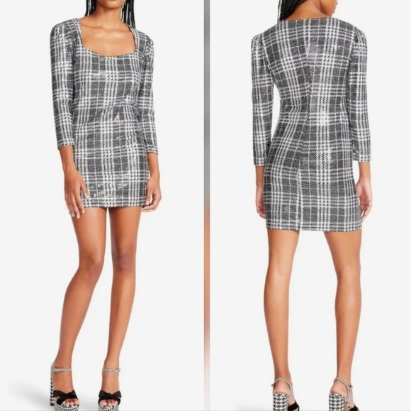 Betsey Johnson Black & Silver Metallic Plaid Glitter Sequin Mini Dress - Picture 4 of 16